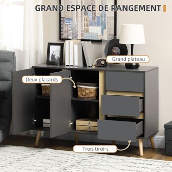 Buffet 2 portes 2 étagères 3 tiroirs design scandinave panneaux particules gris aspect bois clair 4