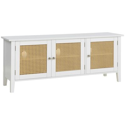 TV cabinet TV bench bohemian style 3 doors rattan cane look - 120L x 35W x 50H cm white MDF