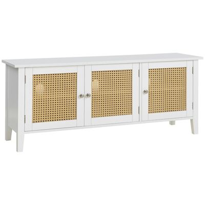 Mueble de televisión Mueble de televisión estilo bohemio 3 puertas aspecto de caña de ratán - 120L x 35W x 50H cm MDF blanco