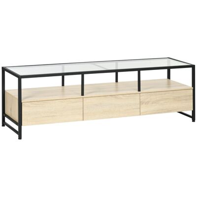 Contemporary style TV cabinet - 2 drawers, niche, glass top - black steel with light oak look