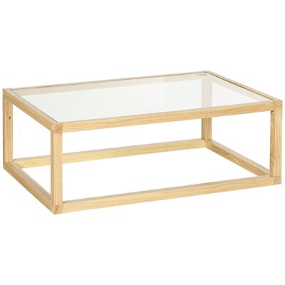 Contemporary design coffee table with tempered glass top and rubberwood base structure