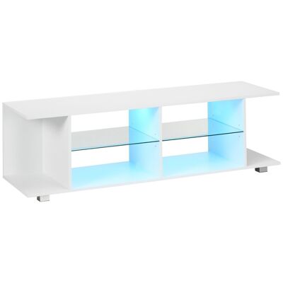 TV bench unit on legs with LED lights - 2 tempered glass shelves for TVs up to 60 inches contemporary style - 145 x 40 x 45 cm white