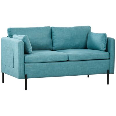 Contemporary design 2-seater sofa - 2 decorative cushions, 2 pockets - black steel base, blue fabric