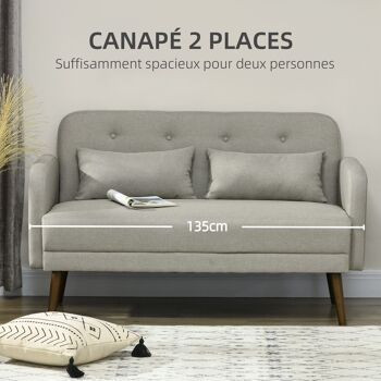 Canapé 2 places style Chesterfield - 2 coussins - dossier effet capitonné - piètement incliné effilé bois tissu gris 4