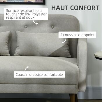 Canapé 2 places style Chesterfield - 2 coussins - dossier effet capitonné - piètement incliné effilé bois tissu gris 5