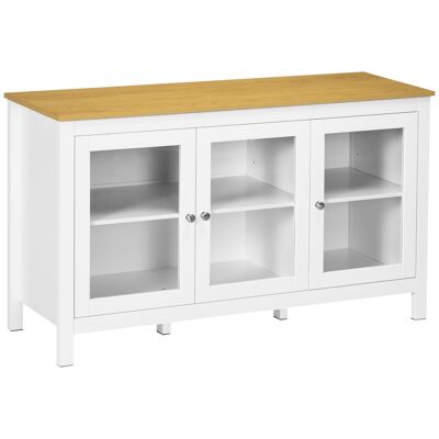 Low classic chic style sideboard - 3 glass showcase doors, 2 adjustable shelves - MDF glass white panels with light wood look