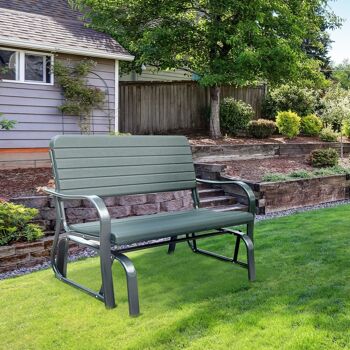 Banc à bascule de jardin 2 places - accoudoirs, assise, dossier ergonomique - métal époxy HDPE effet grain bois vert fougère 4