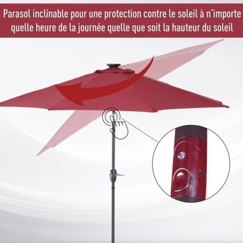 Parasol lumineux octogonal inclinable Ø 2,75 x 2,33 m parasol LED solaire métal polyester haute densité 180 g/m² bordeaux 4