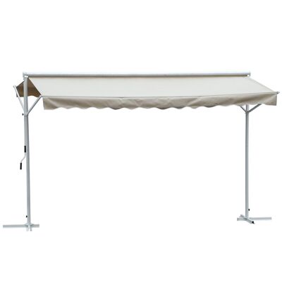 Manuell einziehbare Markise mit doppelter Neigung und einstellbarer Neigung, weißer Epoxidstahl-Polyester, wasserdicht und UV-beständig, beige, Abmessung 4,50 L x 3,40 L x 2,55 H m