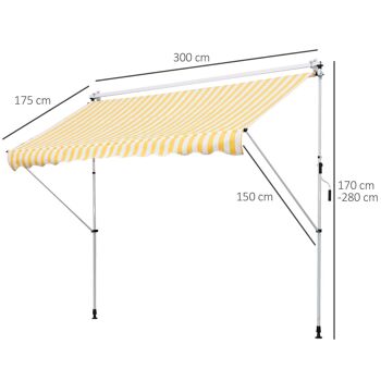 Store banne manuel rétractable 3L x 1,5l m inclinaison et hauteur réglable installation rapide métal alu polyester anti-UV jaune blanc rayé 3