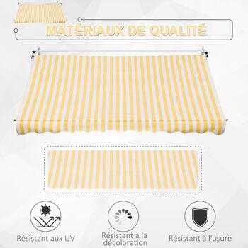 Store banne manuel rétractable 3L x 1,5l m inclinaison et hauteur réglable installation rapide métal alu polyester anti-UV jaune blanc rayé 5