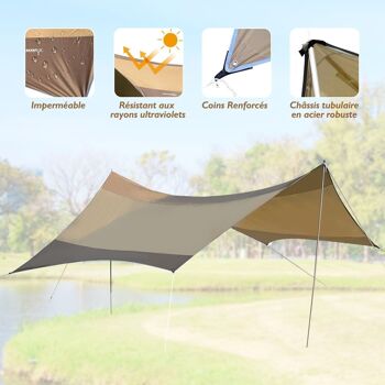Bâche anti-pluie voile d'ombrage toile de camping 5,6L x 5,5l m polyester haute densité 190T imperméable marron doré 5