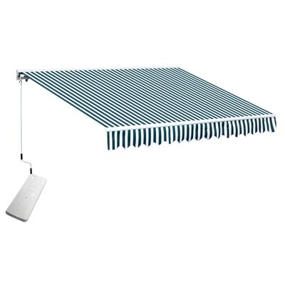 Electric and manual retractable awning dim. 3.95L x 3l (advanced) m remote control supplied in aluminium. high density polyester waterproofed anti-UV green white striped
