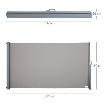 Store latéral brise-vue paravent rétractable dim. 3L x 1,60H m alu. polyester anti-UV haute densité 280 g/m² gris 3