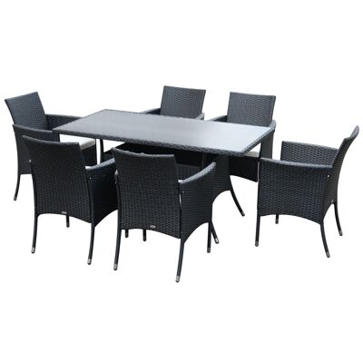 Set mobili da giardino Outsunny per 6 persone - tavolo rettangolare grande, 6 poltrone - 6 cuscini di seduta rimovibili inclusi - metallo vetro epossidico temperato 5 mm resina nera intrecciata
