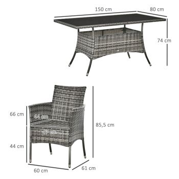 Outsunny Ensemble salon de jardin 6 personnes - grande table rectangulaire, 6 fauteuils - 6 coussins d'assise déhoussables inclus - métal époxy verre trempé 5 mm résine tressée grise 3