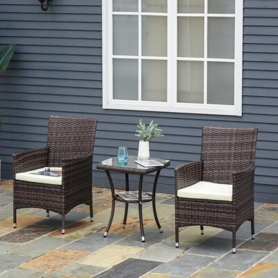 Conjunto de muebles de jardín de 2 plazas Outsunny: 2 sillones y mesa de centro tapa de cristal templado chocolate negro trenzado resina imitación ratán cojines blancos