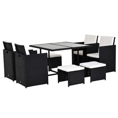 Built-in garden furniture set for 8 people 9 pieces 4-ply woven resin imitation black rattan cream removable cushions