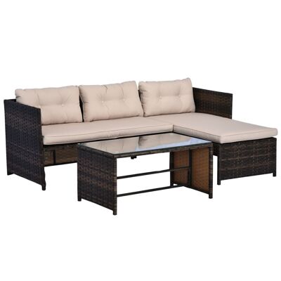 Conjunto de muebles de jardín 2 piezas sofá rinconera 4 plazas + mesa de centro con tapa de cristal templado + 5 cojines de mimbre marrón