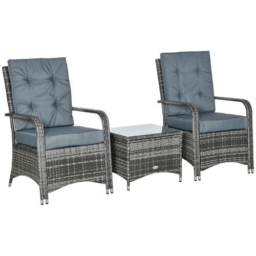 Ensemble 2 fauteuils de jardin table basse plateau verre trempé résine tressée imitation rotin coussins et housse protection inclus gris