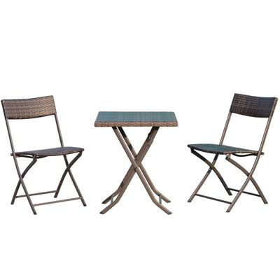Designer garden furniture set, square table and foldable chairs, brown wicker imitation rattan
