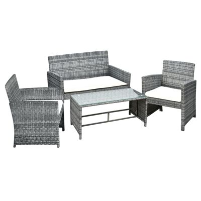 Outsunny 4-Sitzer-Gartenmöbel-Set: Sofa, 2 Sessel und Couchtisch, Tischplatte aus gehärtetem Glas, geflochtene Kissen aus grauem Rattan in Kunstharzoptik, cremefarben