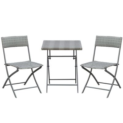 Set di mobili da giardino di design con tavolo quadrato e sedie pieghevoli in resina intrecciata simil rattan grigio