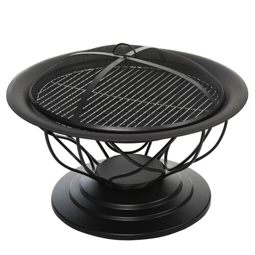 Outsunny Brasero boule de feu cheminée foyer extérieur Ø 75 x 55H cm grille à charbon + cuisson couvercle tisonnier métal noir