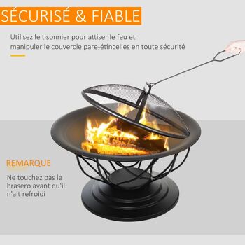 Outsunny Brasero boule de feu cheminée foyer extérieur Ø 75 x 55H cm grille à charbon + cuisson couvercle tisonnier métal noir 5