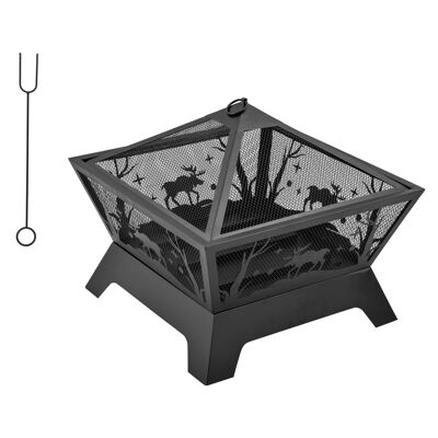 Kohlenbecken-Kamin, Außenkamin, Maße: 56 L x 56 B x 47 H cm, Schürhaken aus schwarzem Metall