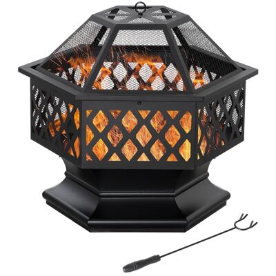 Fireplace brazier fireplace hexagonal steel spark guard with poker dim. 70L x 70W x 58H cm - black
