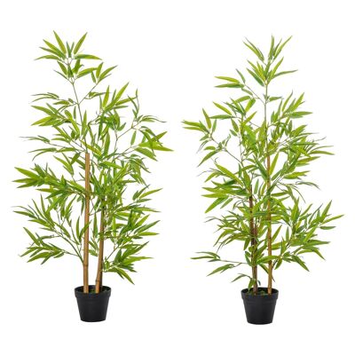 Bambù artificiale 1,20 H m - set di 2 bambù artificiali - 369 foglie realistiche per bambù con tronchi veri - vaso incluso nero verde