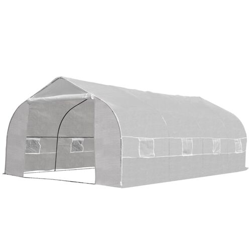 Serre tunnel de jardin dim. 6L x 3l x 2H m porte + 8 fenêtres enroulables acier galvanisé bâche PE haute densité blanc