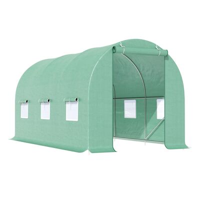 Tunnel garden greenhouse 4.5L x 2W x 2H m reinforced galvanized steel tubular frame 1.8 cm 6 windows 1 door green