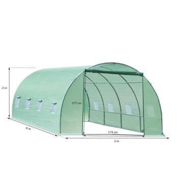 Serre de jardin tunnel 6L x 3l x 2H m châssis tubulaire acier galvanisé renforcé 2,5 cm 8 fenêtres 1 porte vert 3