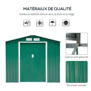 Abri de jardin - remise pour outils - cabanon porte verrouillable - dim. 213L x 130l x 185H cm - tôle d'acier vert 4