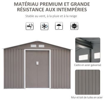 Abri de jardin - remise pour outils - cabanon double porte coulissante - fondation incluse - dim. 277L x 191l x 192H cm - tôle d'acier ondulée grise 5