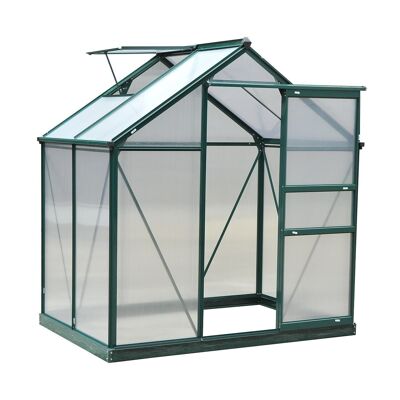 Polycarbonate aluminum garden greenhouse 2.51 m² dim. 1.9L x 1.32W x 2.01H m skylight, sliding door + aluminum foundation included. transparent polycarbonate green