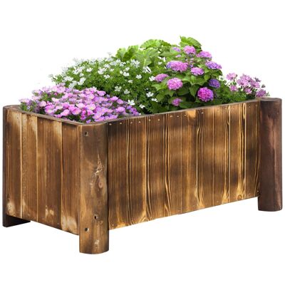 Freistehender Blumenkasten mit Pflanzgefäß, Maße: 70 L x 35 B x 30 H cm, Grundkörper aus halbem Baumstamm mit Lamellenoptik aus karbonisiertem, behandeltem Tannenholz