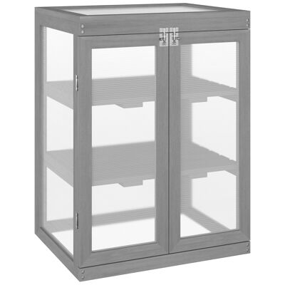 Mini garden greenhouse 3 levels dim. 58L x 44W x 78H cm double door sunroof stained fir wood painted gray polycarbonate