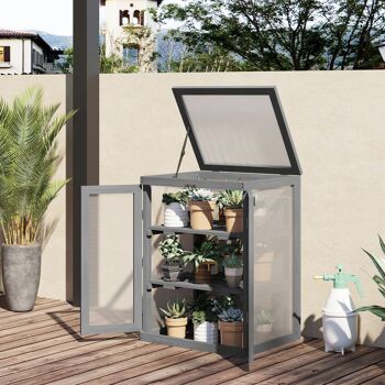 Mini serre de jardin 3 niveaux dim. 58L x 44l x 78H cm double porte toit ouvrant bois sapin lasuré peint gris polycarbonate 2