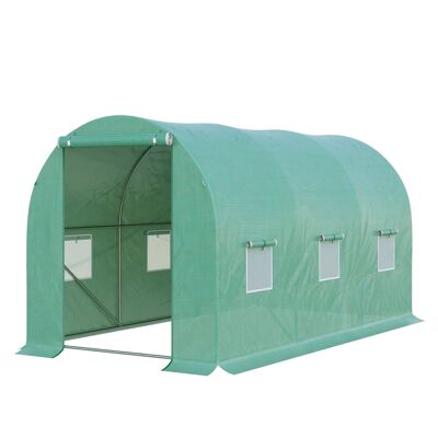 Invernadero de jardín tipo túnel 8 m² 4L x 2W x 1,9H m acero galvanizado reforzado diámetro 2,4 cm + ventanas de PE de alta densidad puerta verde