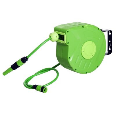 Enrollador de manguera de pared giratorio automático 180° manguera 10 + 1 m con lanza pulverizadora soporte de pared integrado verde