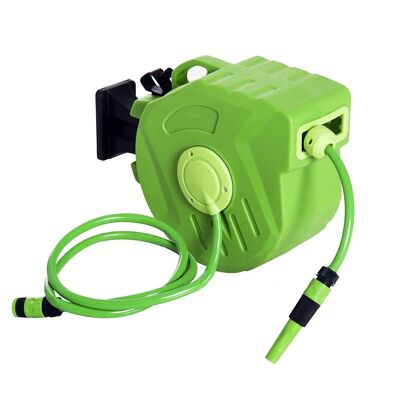 Wall-mounted hose reel automatic swivel 180° hose 20 + 2 m with spray lance integrated wall support green