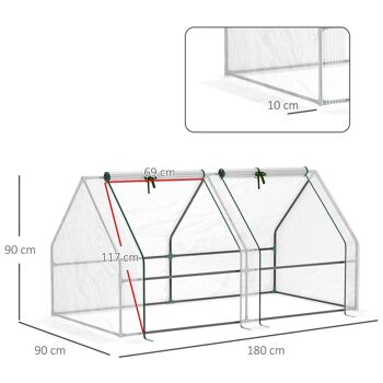 Mini serre de jardin serre à tomates 180L x 90l x 90H cm acier PE haute densité 140 g/m² anti-UV 2 fenêtres avec zip enroulables blanc 3