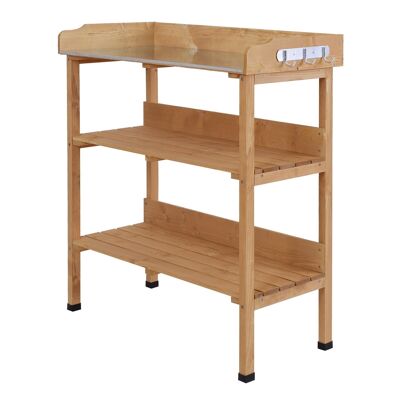Gardening potting table - 2 shelves 3 tool hooks galvanized steel sheet top with rim - pre-oiled fir wood