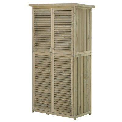 Gartenschrank, Gartenschuppen, Geräteschuppen, Maße: 79 L x 42 B x 160 H cm, 2 Regale, Lamellentüren, wasserdicht, geteertes Dach, Kiefernholz, grau, Autoklav