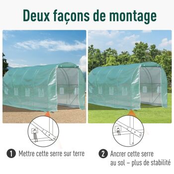 Serre de jardin tunnel surface sol 10 m² 5L x 2l x 2,10H m châssis tubulaire renforcé porte zippée 8 fenêtres enroulables vert 5