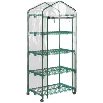 Serre de jardin balcon sur roulettes 4 étagères dim. 0,69L x 0,5l x 1,65H m acier thermolaqué bâche PVC porte zippée transparente 1