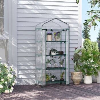 Serre de jardin balcon sur roulettes 4 étagères dim. 0,69L x 0,5l x 1,65H m acier thermolaqué bâche PVC porte zippée transparente 2